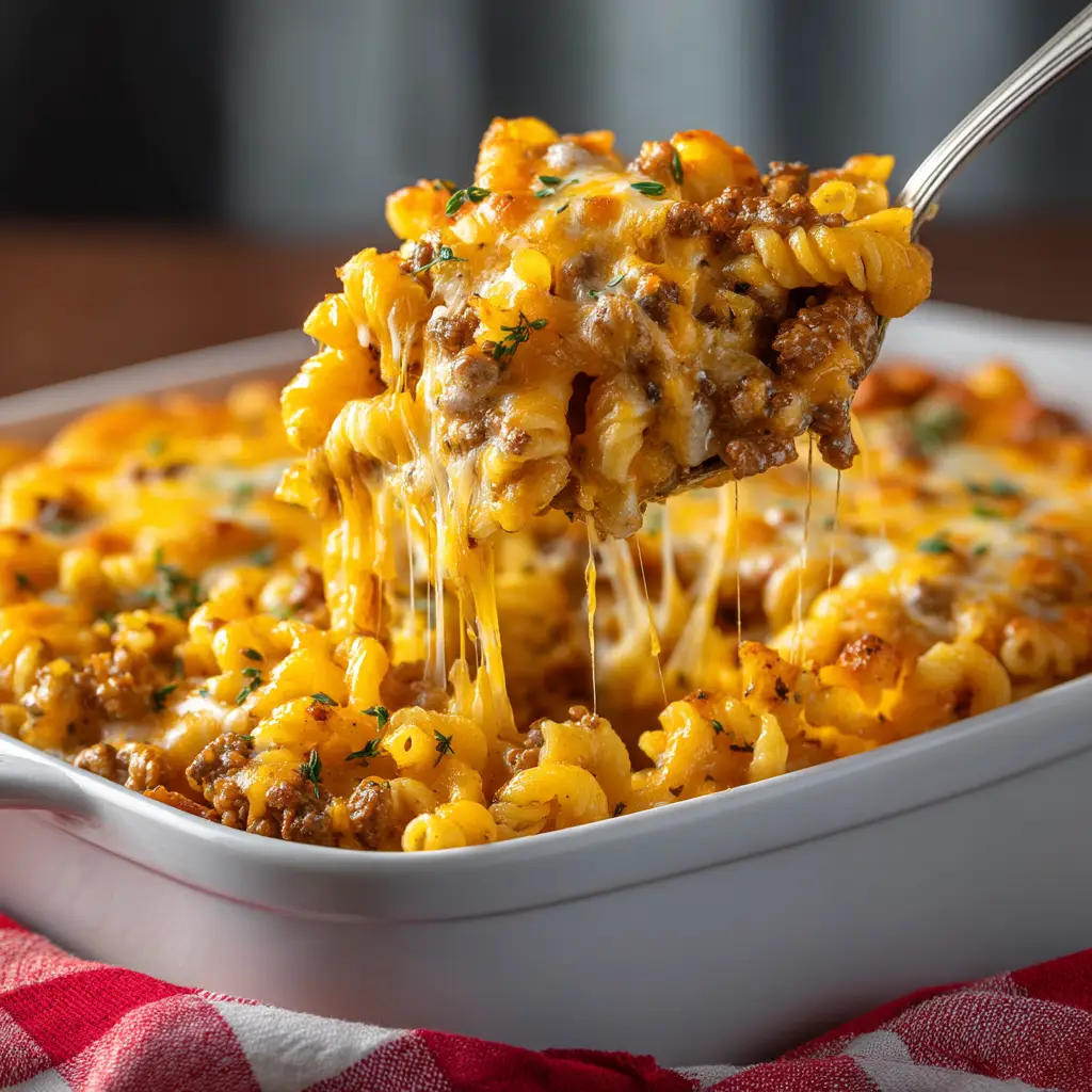 Cheeseburger Casserole: The Ultimate Comfort Food Recipe 2 An extreme close-up of a spoonful of ground beef casserole, showing the rich and creamy cheese sauce coating the macaroni and seasoned meat.
