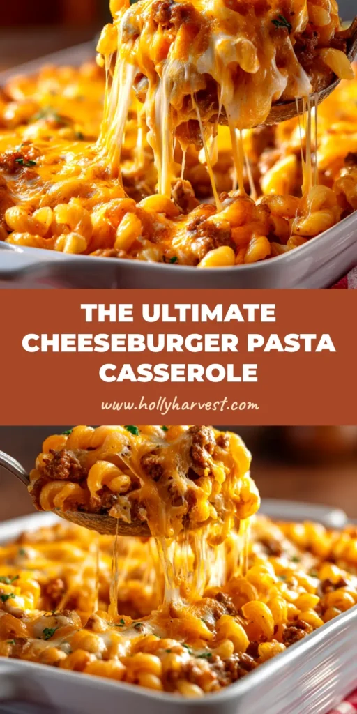 Cheeseburger Casserole: The Ultimate Comfort Food Recipe 3 A large scoop of cheesy Cheeseburger Casserole on a white plate, highlighting the layers of ground beef, pasta, and melted cheddar cheese. The perfect easy weeknight dinner.