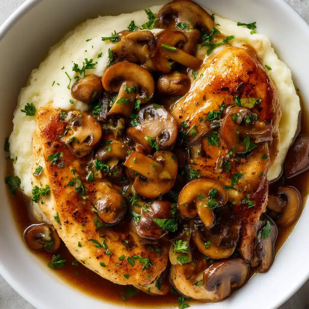 A detailed shot of the ingredients for the chicken marsala recipe, including chicken cutlets, mushrooms, shallots, and a bottle of Marsala wine.