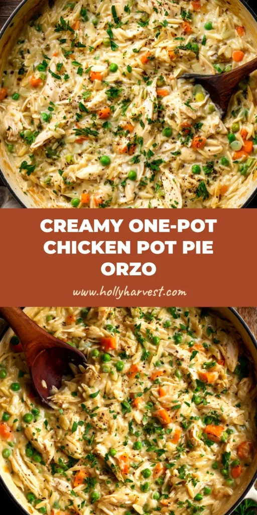 A large white bowl filled with creamy chicken pot pie orzo, garnished with fresh parsley. The perfect one-pot comfort meal.
