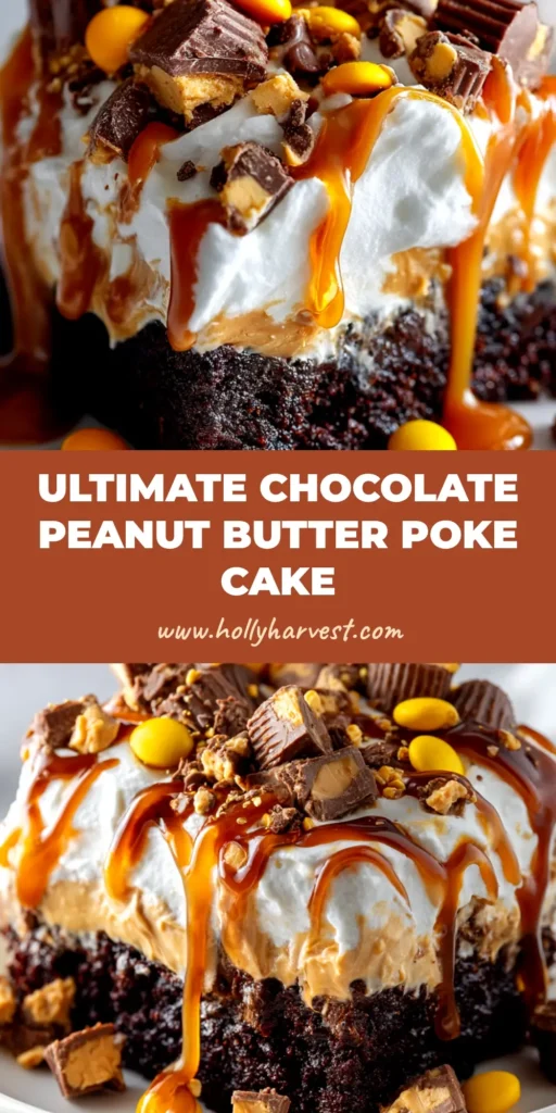 An overhead shot of a full 9x13 Chocolate Peanut Butter Poke Cake, topped with fluffy peanut butter frosting and chopped Reese's peanut butter cups.