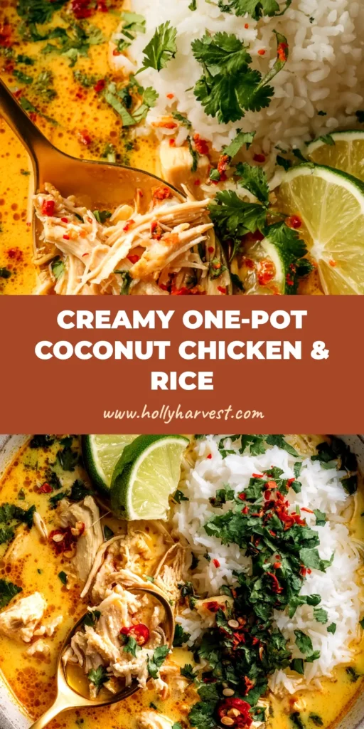 A large white bowl filled with delicious Coconut Chicken Brothy Rice, garnished with fresh cilantro and red chili. The perfect one-pot comfort meal.