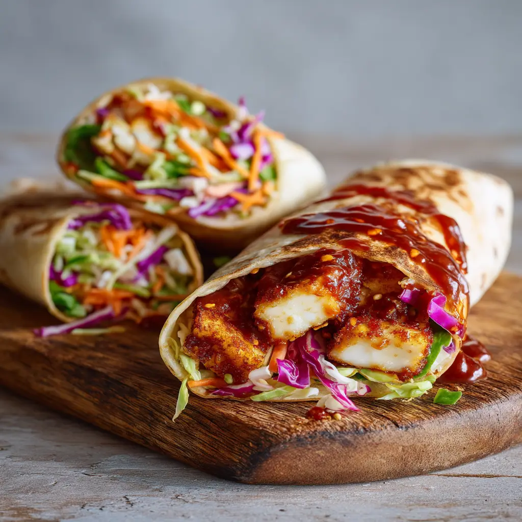 Golden brown, crispy halloumi being tossed in sweet chili sauce in a black skillet. The focus is on the glazing process for the spicy halloumi wraps.