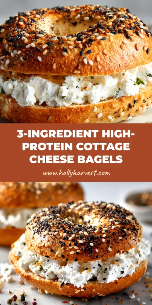 A stack of homemade cottage cheese bagels topped with everything seasoning. One bagel is sliced to show the soft, fluffy interior. The perfect high-protein breakfast.