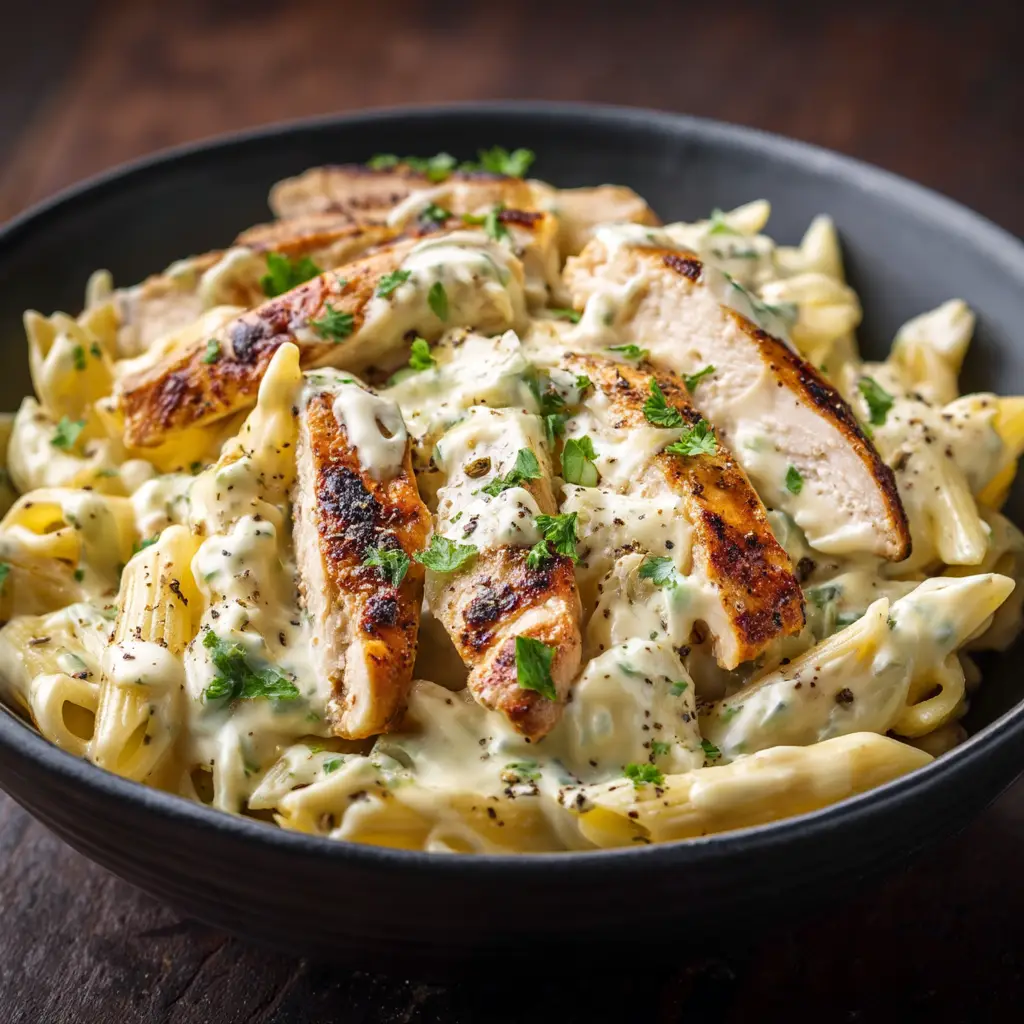 Crack Chicken Penne: The Ultimate Creamy Bacon Ranch Pasta 1 A spoonful of crack chicken penne being lifted from a bowl, showcasing the cheesy, saucy texture of the dish.