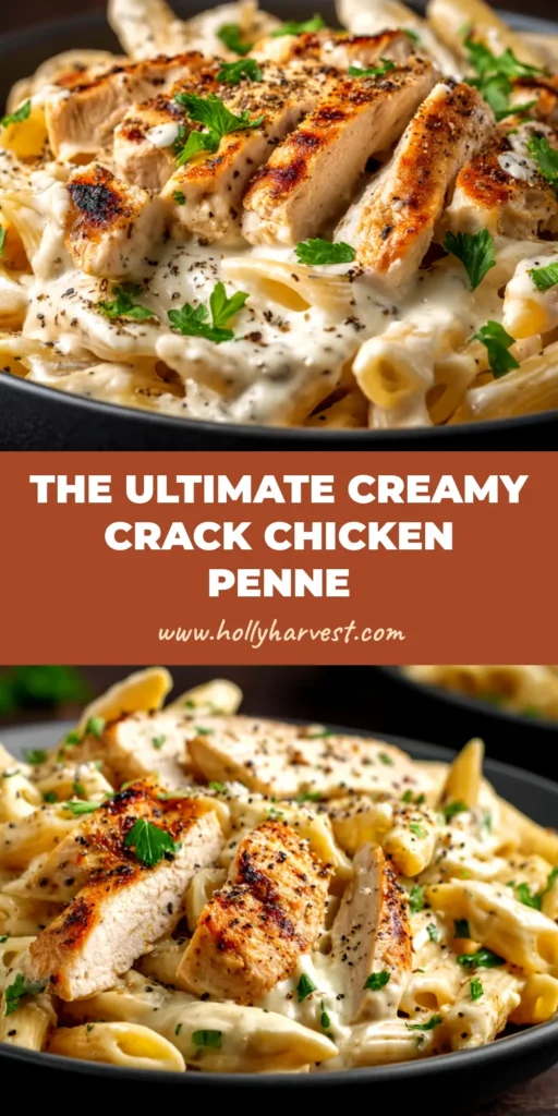 Crack Chicken Penne: The Ultimate Creamy Bacon Ranch Pasta 4 A tall pin image showing a delicious bowl of crack chicken penne, garnished with fresh green onions and crispy bacon. The title reads 'The Ultimate Crack Chicken Penne Recipe'.