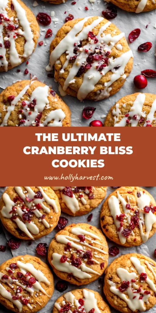 A stack of homemade Cranberry Bliss Cookies with white chocolate and cream cheese frosting, with a few cranberries scattered around.