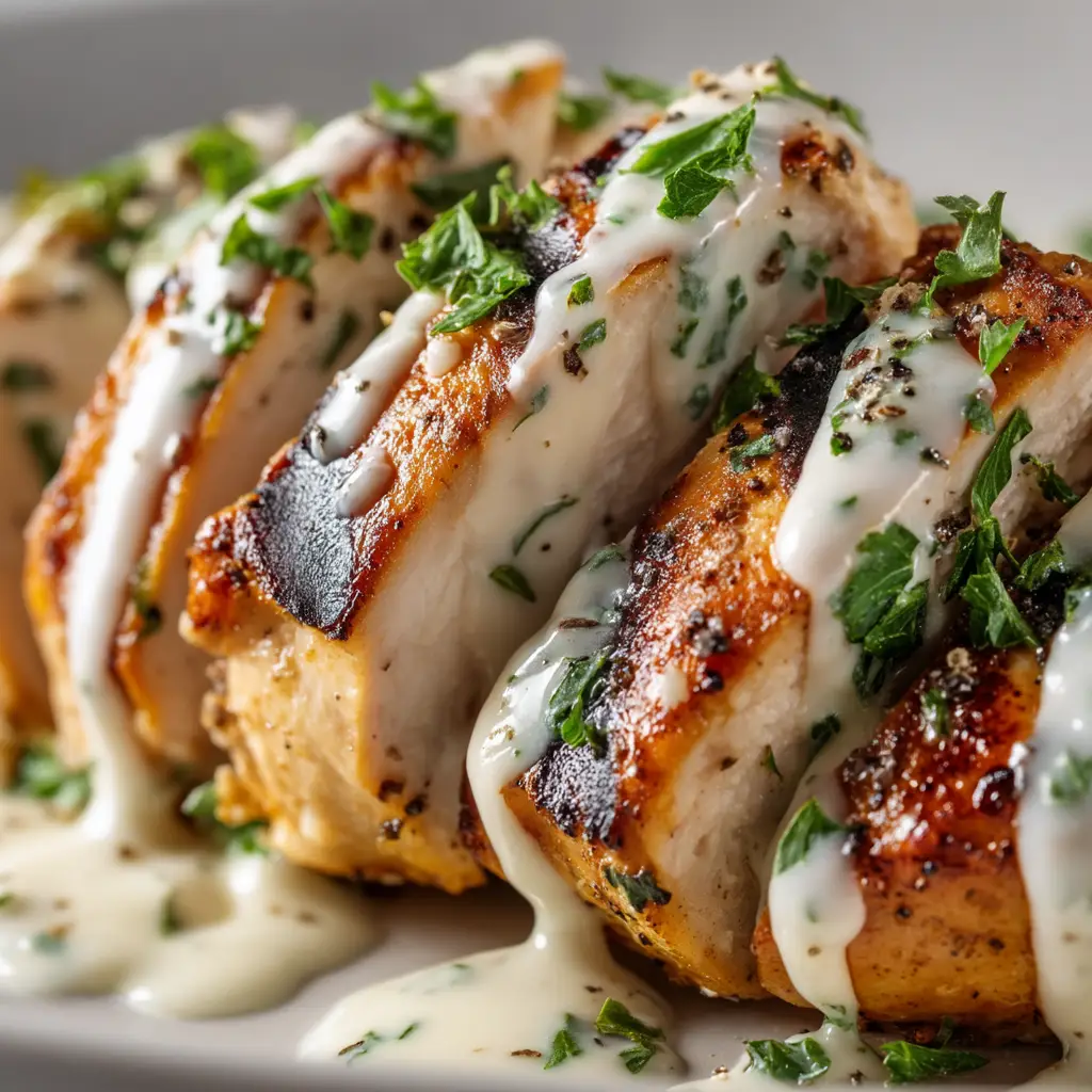 A close-up of a creamy Caesar chicken breast topped with melted parmesan and fresh parsley.