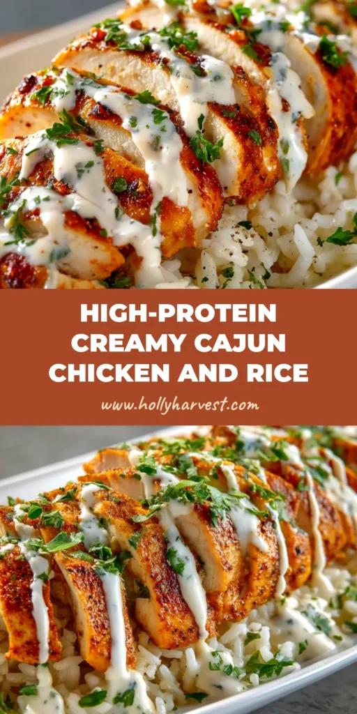 A top-down view of a skillet filled with Creamy Cajun Chicken and Rice, garnished with fresh parsley. The dish is a vibrant orange color from the spices and cream.