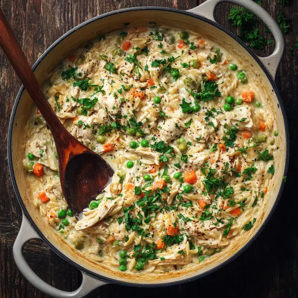 A close-up shot of a spoonful of creamy chicken pot pie orzo, showing the texture of the sauce, chicken, and peas. The ultimate comfort food recipe.