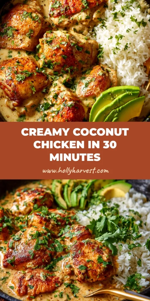 An amazing Coconut Chicken Recipe ready in under 30 minutes! A bowl of creamy coconut chicken is shown over rice, garnished with fresh cilantro, ready to be pinned.