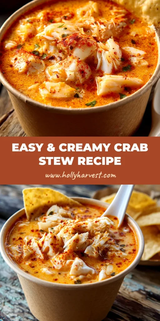 A close-up shot of a rich and creamy crab stew recipe in a white bowl, garnished with fresh herbs. The perfect comfort food.