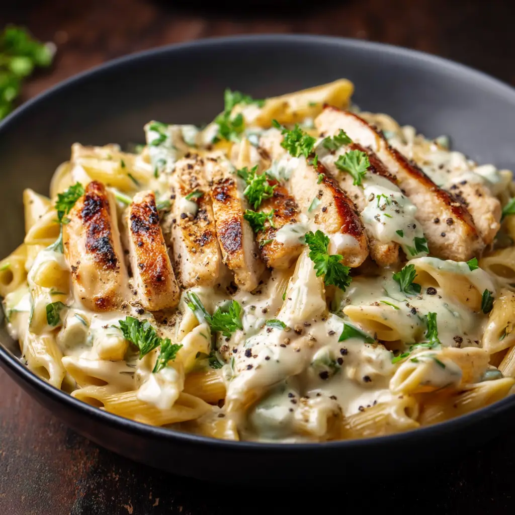 Crack Chicken Penne: The Ultimate Creamy Bacon Ranch Pasta 2 An overhead close-up shot of creamy bacon ranch chicken pasta in a white bowl, showing the rich texture of the sauce coating the penne.