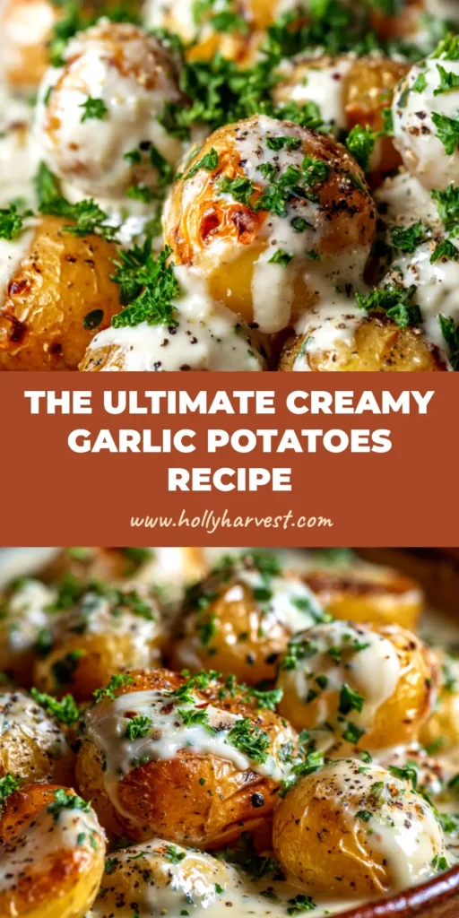 A top-down view of Creamy Garlic Baby Potatoes in a rustic serving dish, garnished with fresh parsley. The potatoes are golden brown and coated in a luscious cream sauce.