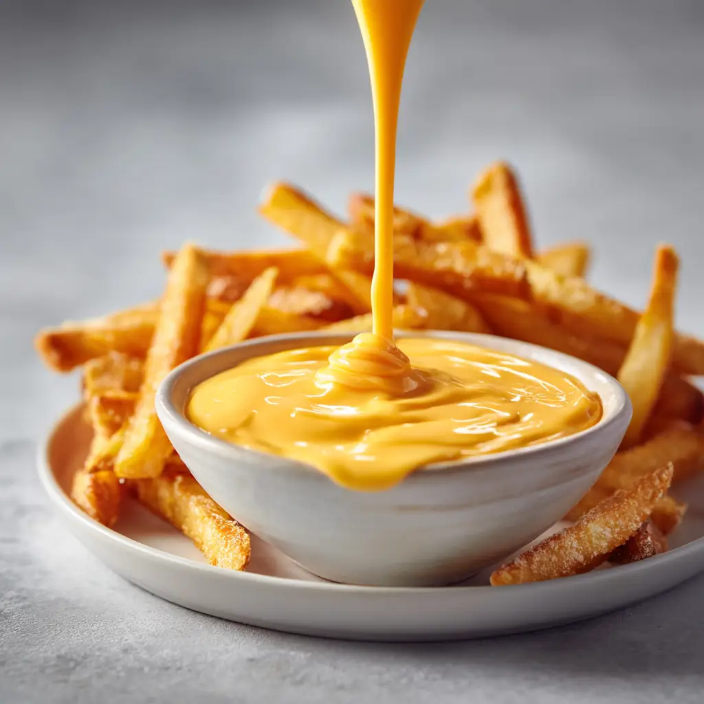 Cheese Sauce for Fries: The Ultimate 5-Minute Recipe 2 A close-up of the smooth, creamy homemade cheese sauce in a white bowl, ready for dipping.