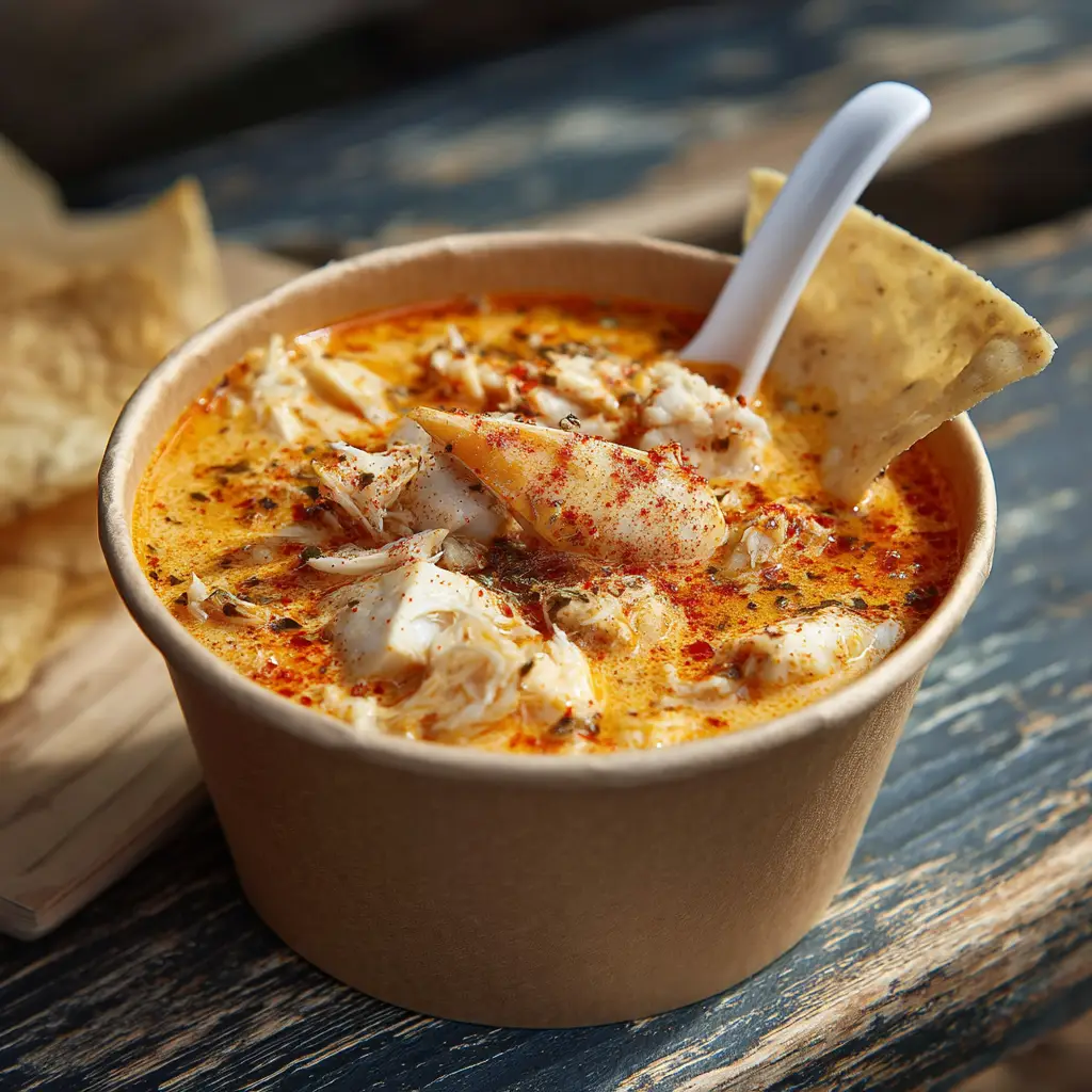 A spoonful of creamy seafood stew being lifted from a bowl, showing the rich texture of the dish.