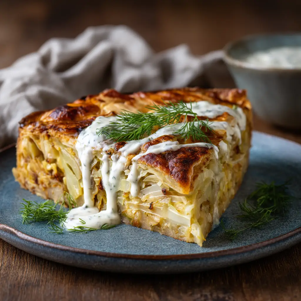 A detailed close-up of the savory cabbage filling inside the pie, showing the tender texture of the cooked cabbage and onions.