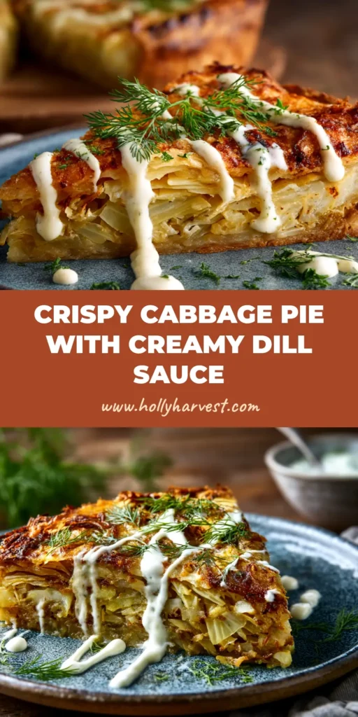 A perfect slice of Crispy Cabbage Pie on a white plate, showing the golden flaky crust and the rich, savory cabbage filling inside.