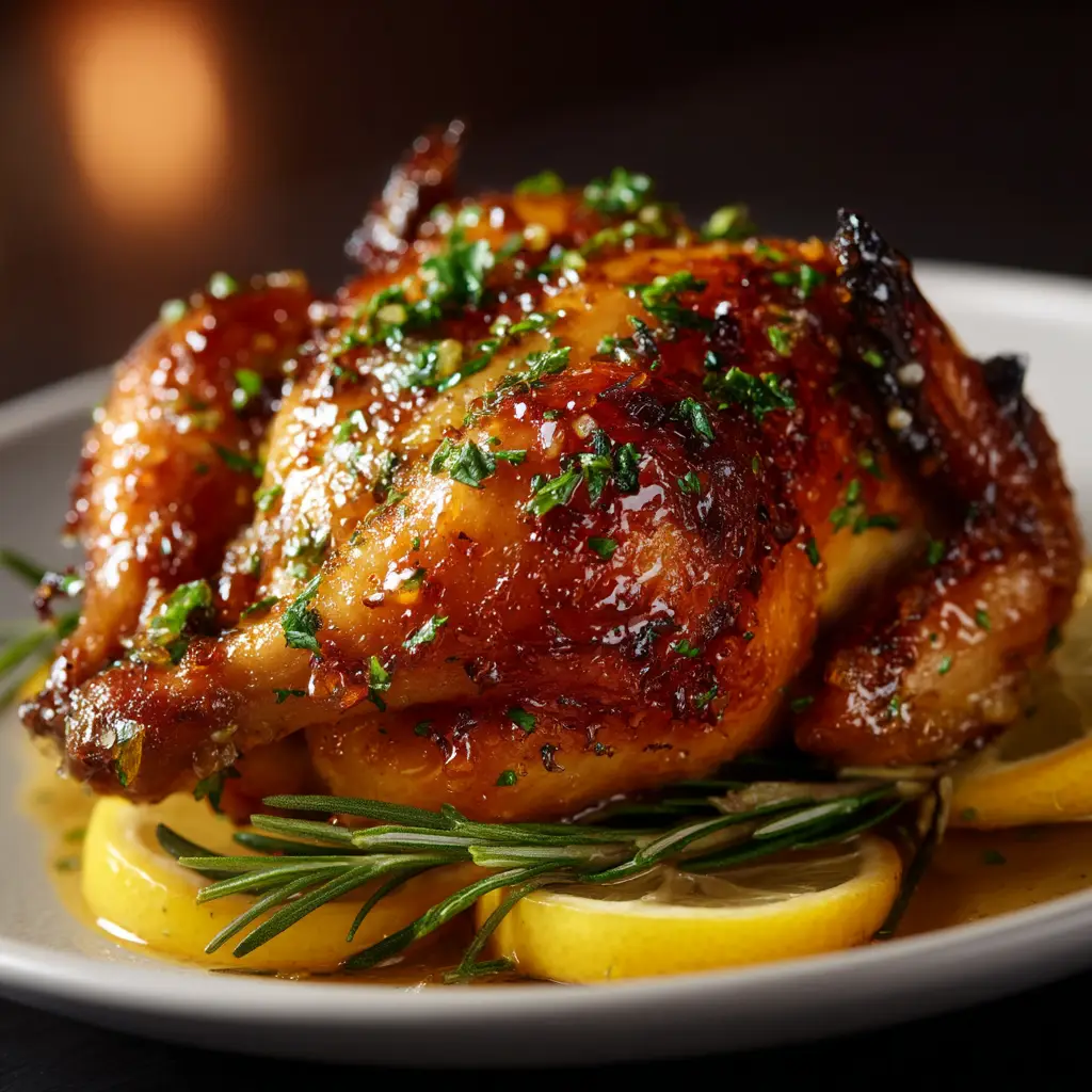 A close-up of the golden, crispy skin of a just-roasted Cornish hen. The texture is perfectly rendered, highlighting the delicious result of the cooking process.