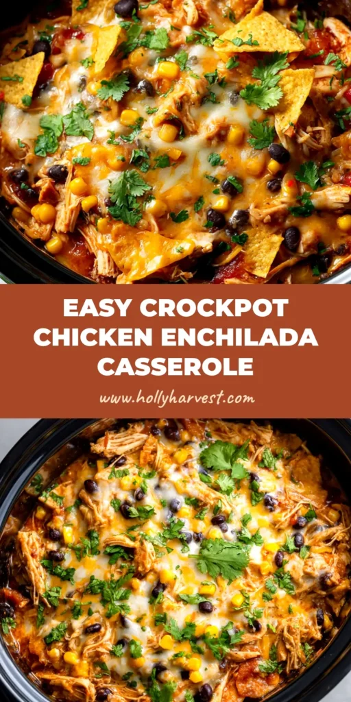 A delicious serving of Crockpot Chicken Enchilada Casserole on a white plate, topped with fresh cilantro and a lime wedge. The casserole is cheesy and saucy.