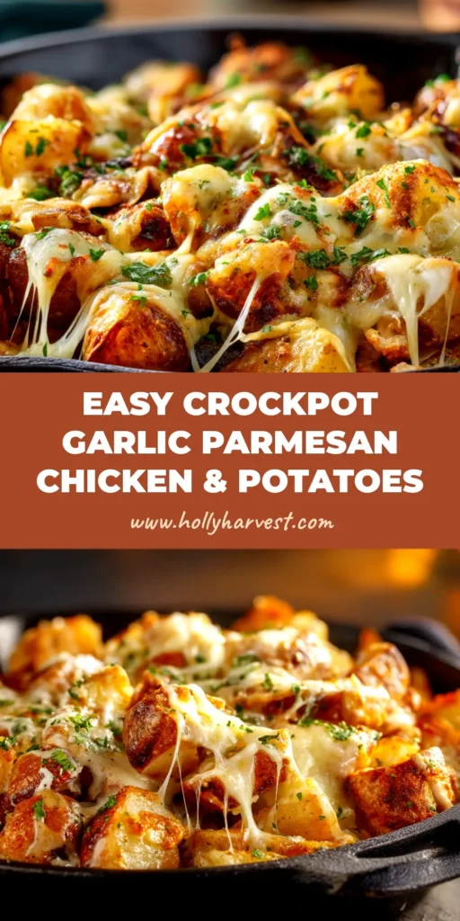 A top-down view of Crockpot Garlic Parmesan Chicken and Potatoes in a white serving dish, garnished with fresh parsley.