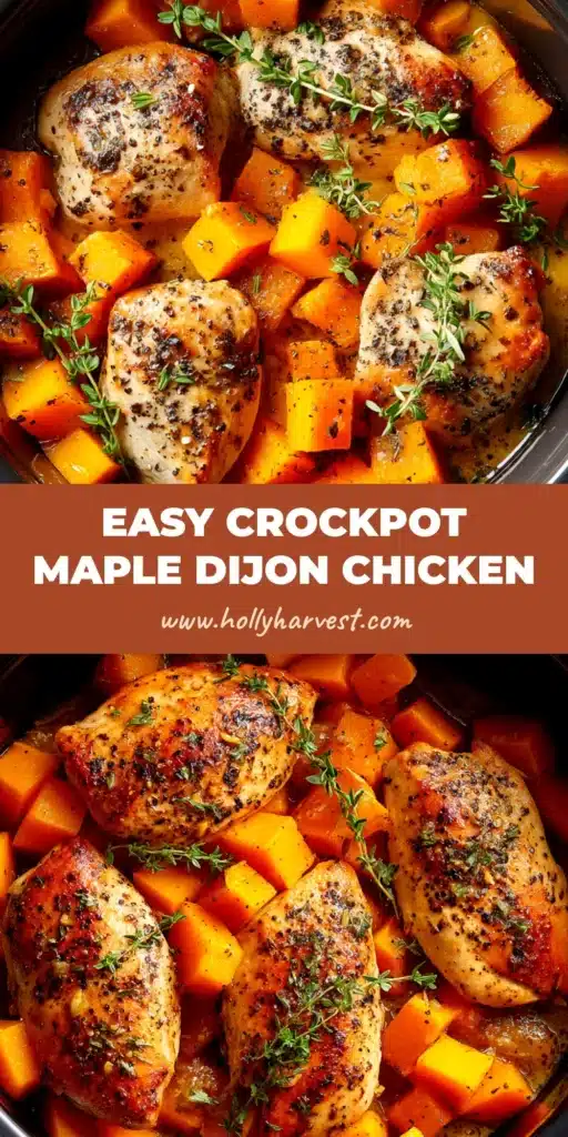 An overhead shot of Crockpot Maple Dijon Chicken in a white bowl, garnished with fresh herbs. The chicken is coated in a rich, glossy sauce.