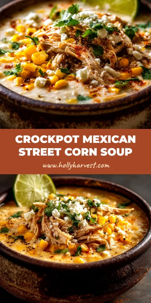 A shareable pin image for Crockpot Mexican Street Corn Soup, showing a bowl of the finished soup with toppings and bold text overlay.