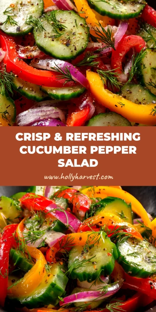 A vibrant and refreshing Cucumber Sweet Pepper Salad in a white bowl, tossed with a light vinaigrette and ready to be served.