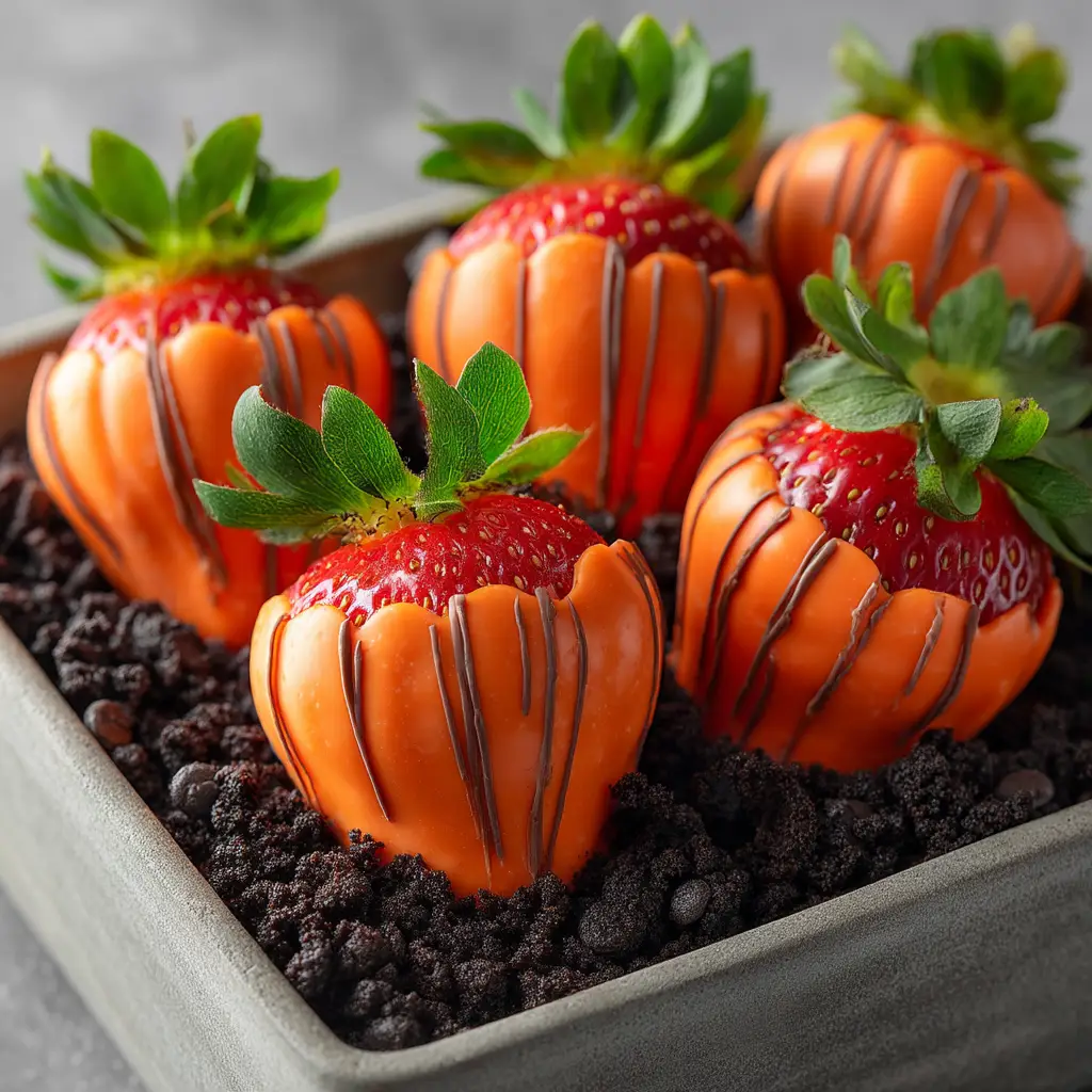 A batch of freshly made pumpkin chocolate covered strawberries setting on a sheet of parchment paper.