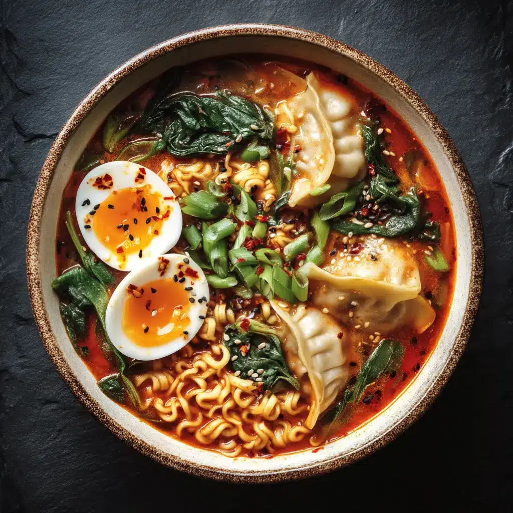 A close-up shot of the dumpling ramen ingredients, including fresh ginger, garlic, green onions, and frozen dumplings before they are cooked.