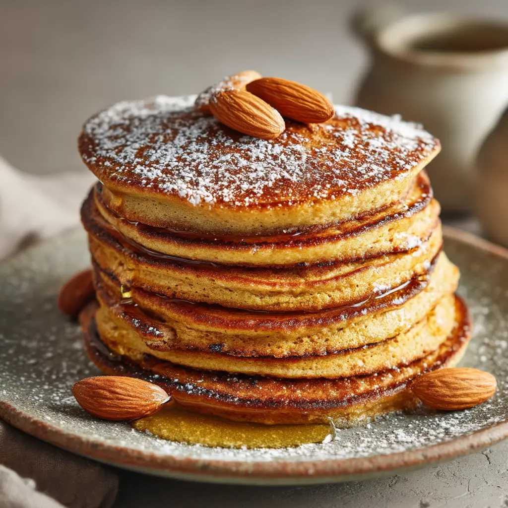 A stack of five golden-brown almond flour pancakes on a plate, topped with a pat of melting butter and a scattering of fresh blueberries. The background is bright and clean.
