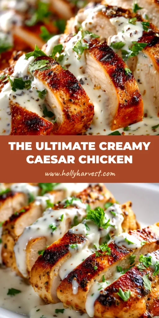A delicious and easy Caesar Chicken recipe baked in a white dish. The chicken is golden brown with a creamy topping, ready to be served for dinner.