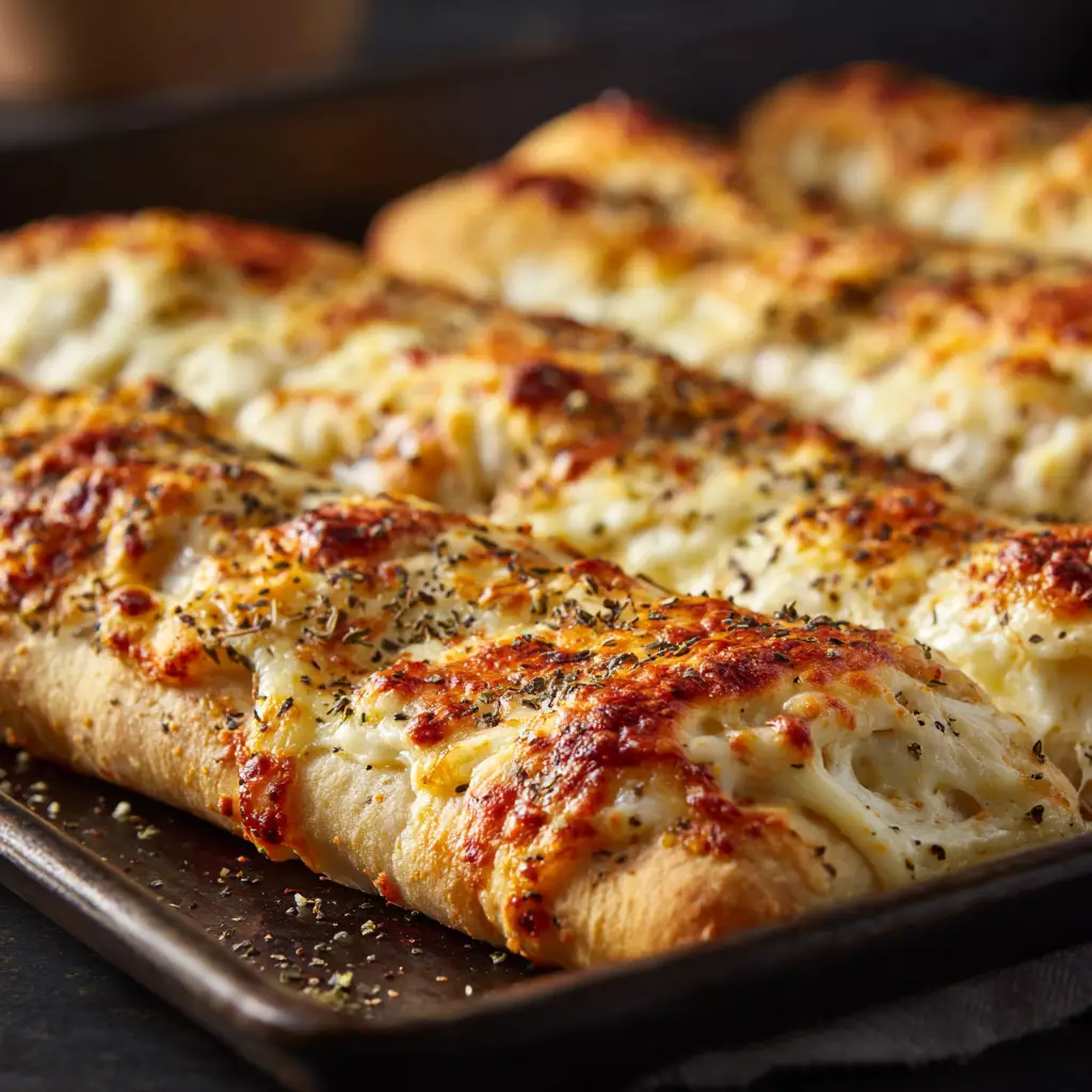 Cheesy Breadsticks Recipe (That's Better Than Takeout!) 1 A top-down view of a rectangular pan filled with easy cheesy breadsticks, cut into strips and ready to be served.