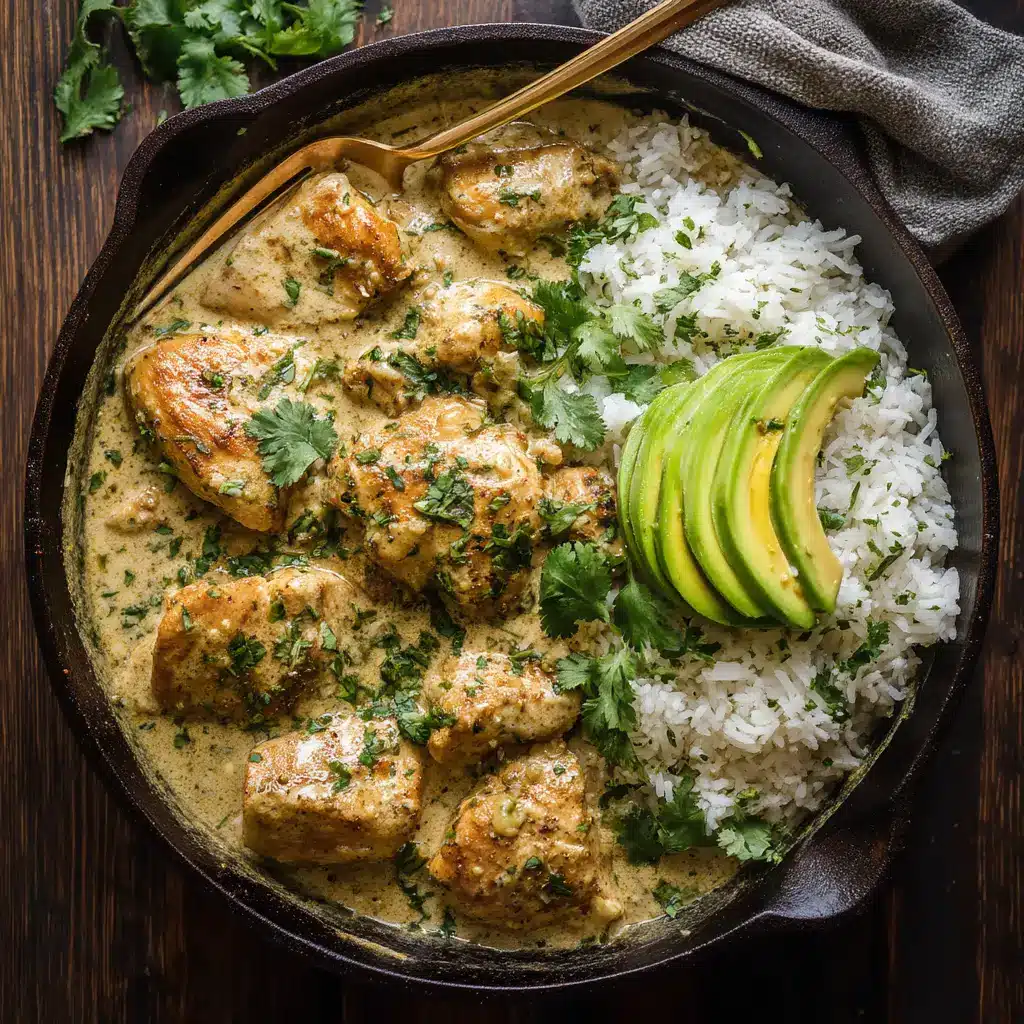A skillet showing the process of making this easy coconut chicken recipe with tender chicken pieces simmering in the sauce.