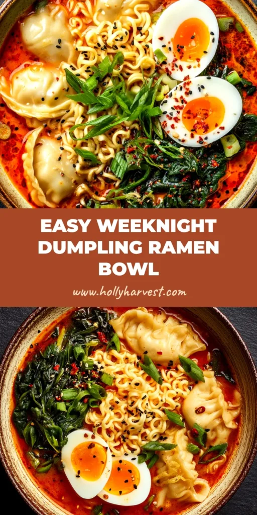 A large bowl of delicious dumpling ramen, featuring plump dumplings, noodles, a soft-boiled egg, and green onions in a savory broth. The image has a text overlay that reads 'Easy 15-Minute Dumpling Ramen.'