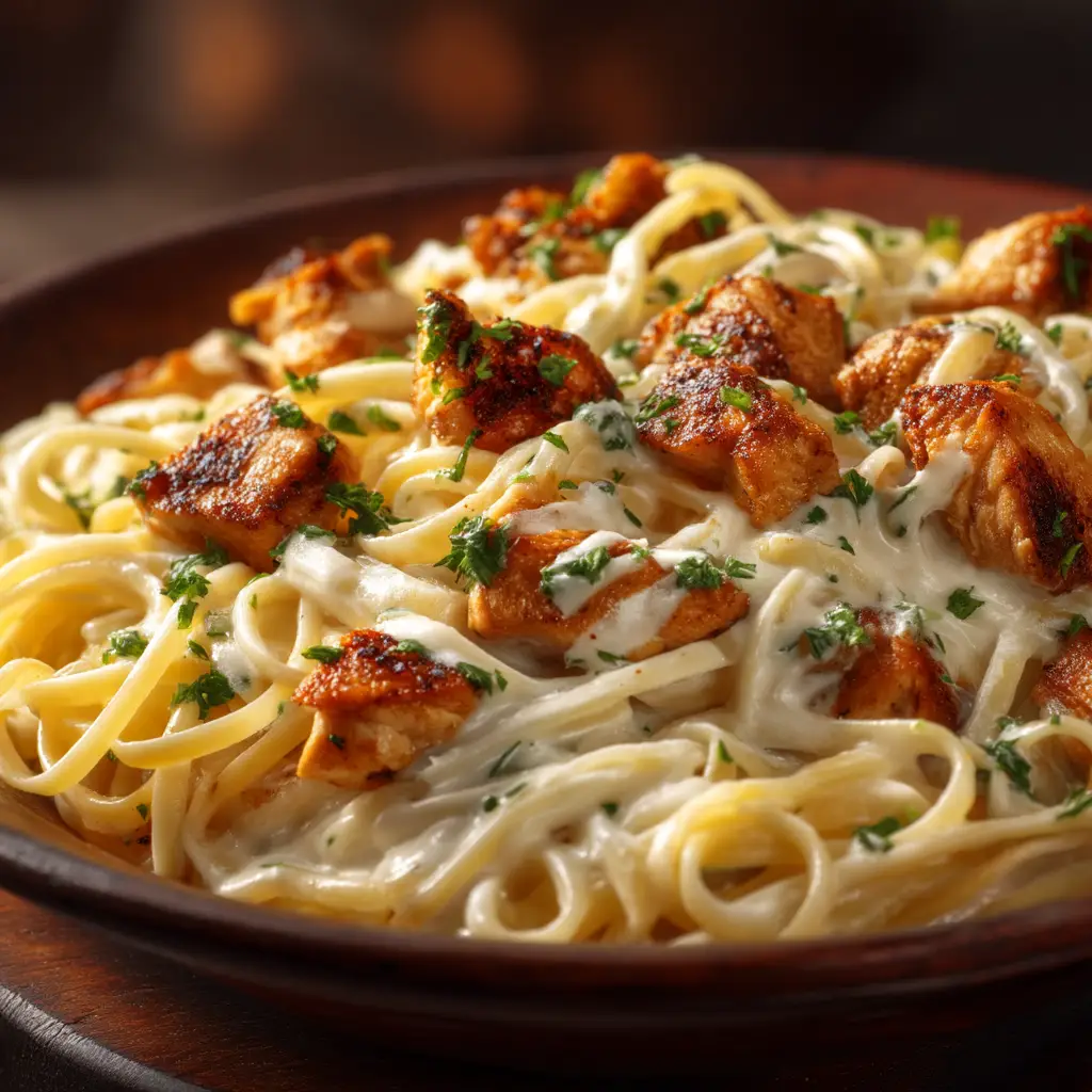 A fork twirling fettuccine noodles coated in a garlic butter sauce with pieces of chicken and fresh parsley.