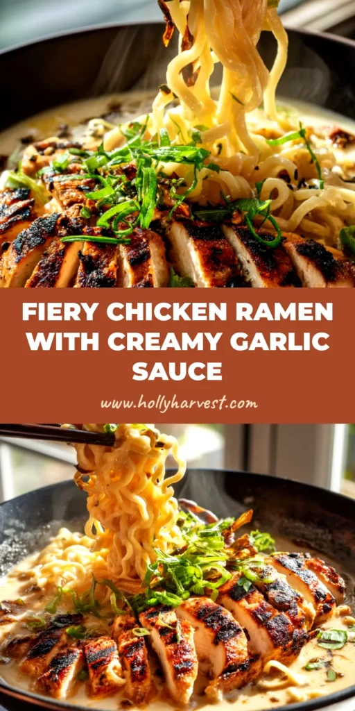 A delicious bowl of Fiery Chicken Ramen with a perfect jammy egg, sliced chicken, green onions, and a swirl of chili oil. The perfect spicy ramen recipe!