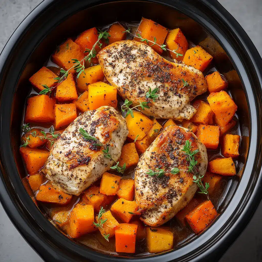 The finished maple dijon chicken being shredded with two forks inside the crockpot, showing how tender the meat is.