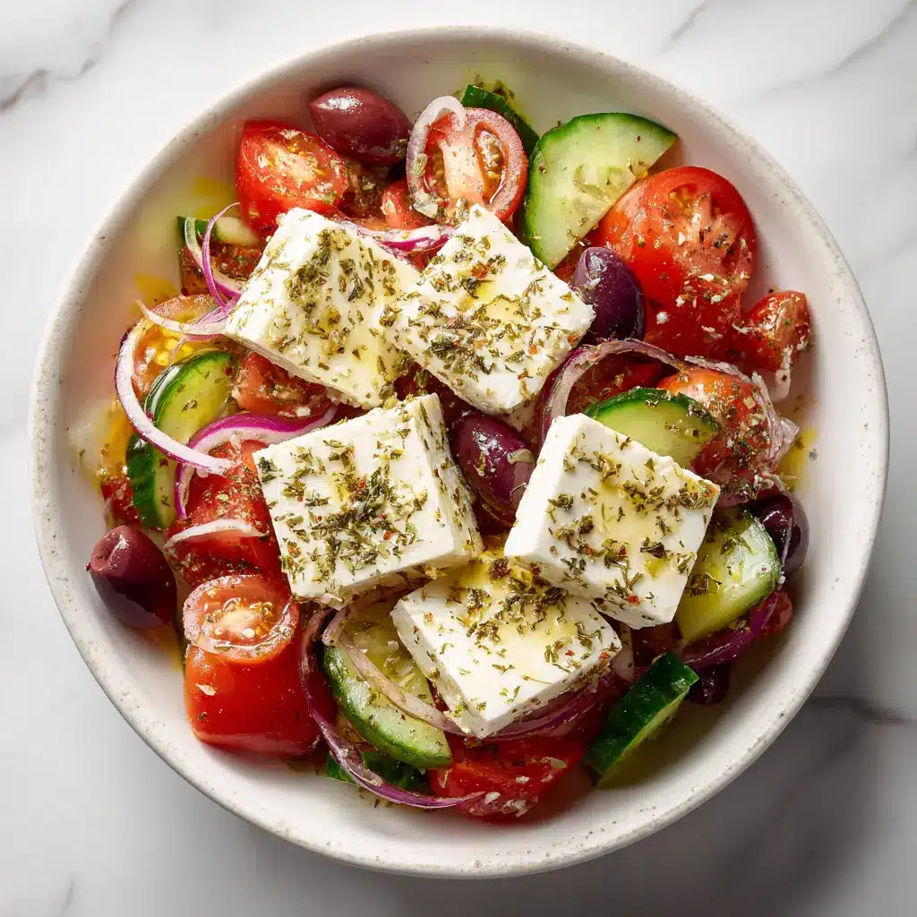 A finished Greek salad served in a rustic bowl, topped with a large block of feta cheese and a sprinkle of oregano. The salad is ready to be served.