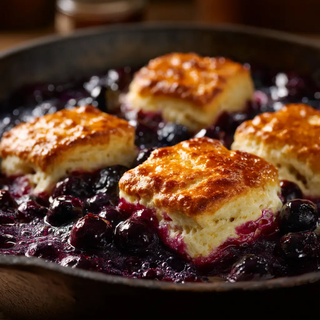 A single blueberry butter swim biscuit on a plate, broken open to reveal the fluffy interior and juicy blueberries.