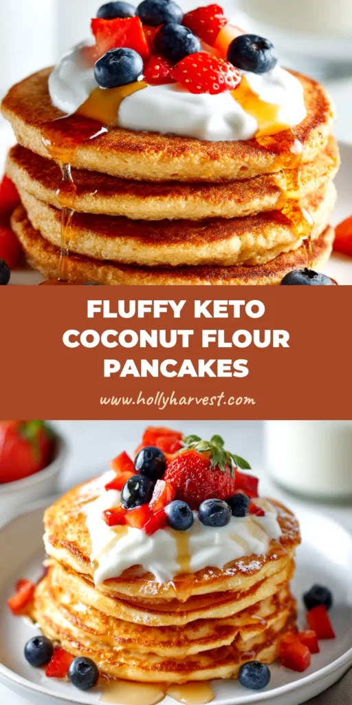 A beautiful stack of fluffy coconut flour pancakes topped with a pat of butter and drizzled with maple syrup, with fresh blueberries scattered around. The perfect healthy, keto-friendly breakfast.