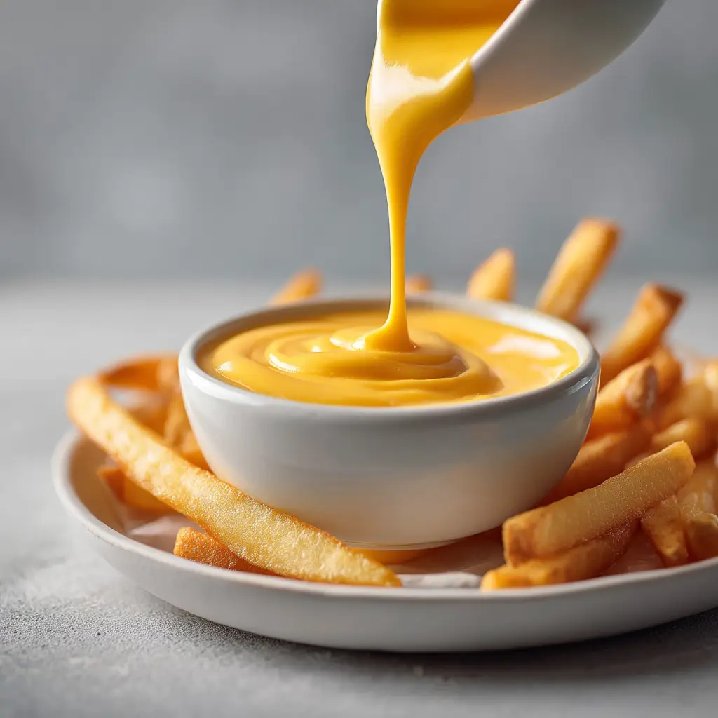 Cheese Sauce for Fries: The Ultimate 5-Minute Recipe 1 A shot of golden french fries next to a bowl of warm cheddar cheese sauce.