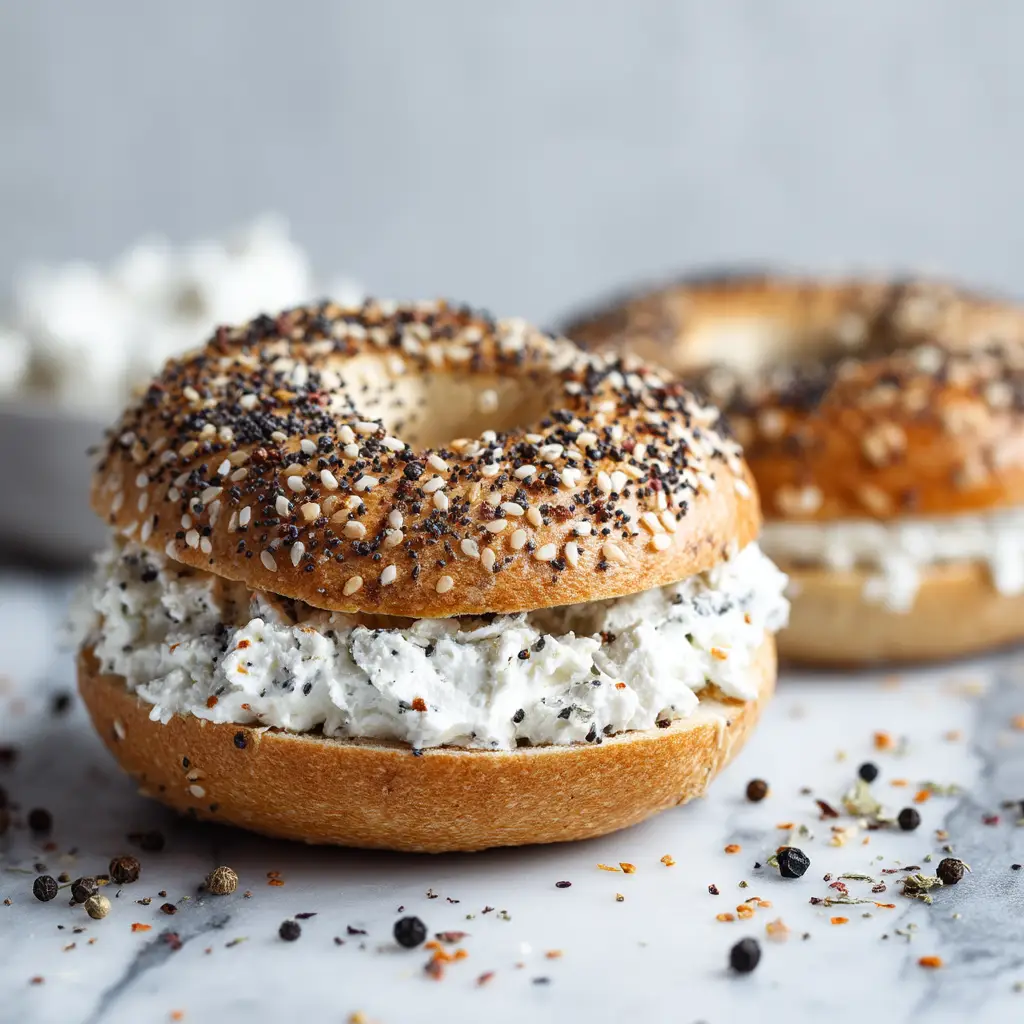 A basket of golden-brown, no-yeast cottage cheese bagels fresh from the oven. They are topped with a generous amount of everything bagel seasoning.