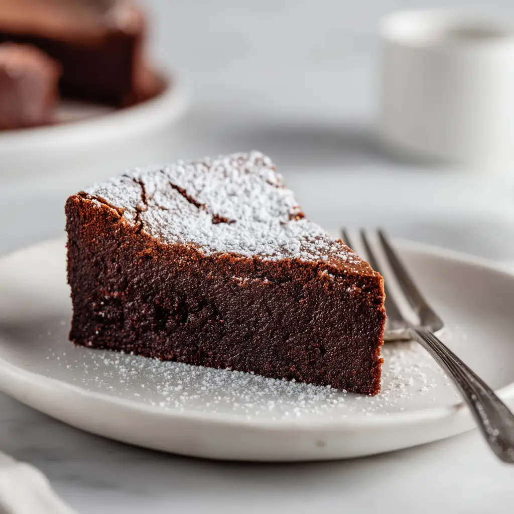 Flourless Chocolate Torte (The Ultimate Recipe) 2 A close-up of a rich, fudgy slice of flourless chocolate torte on a white plate, showcasing its dense texture.