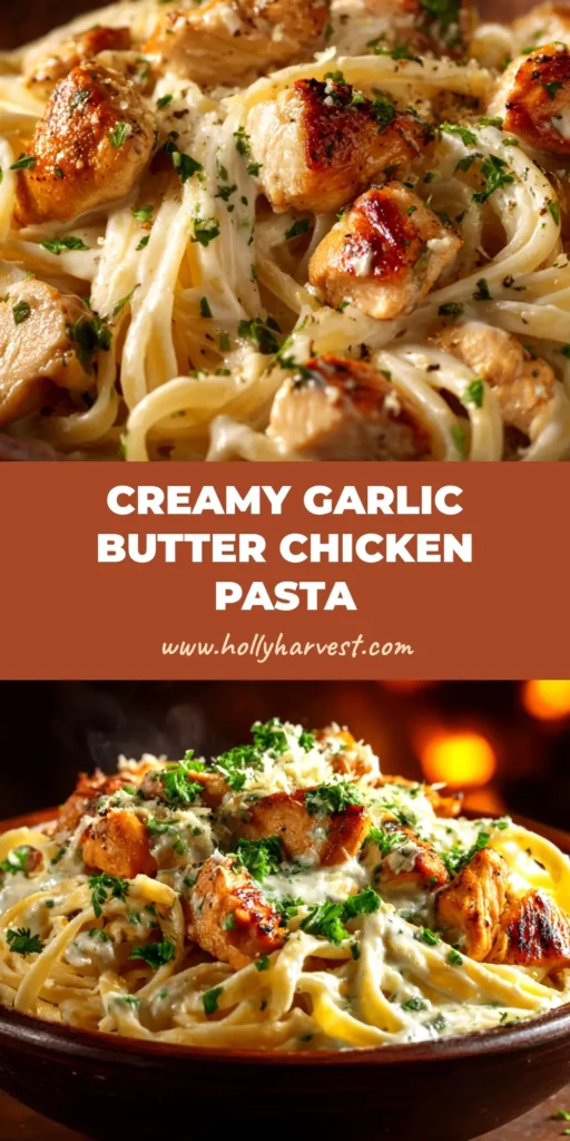 A top-down view of a white bowl filled with creamy garlic butter chicken pasta, garnished with fresh parsley and parmesan cheese.