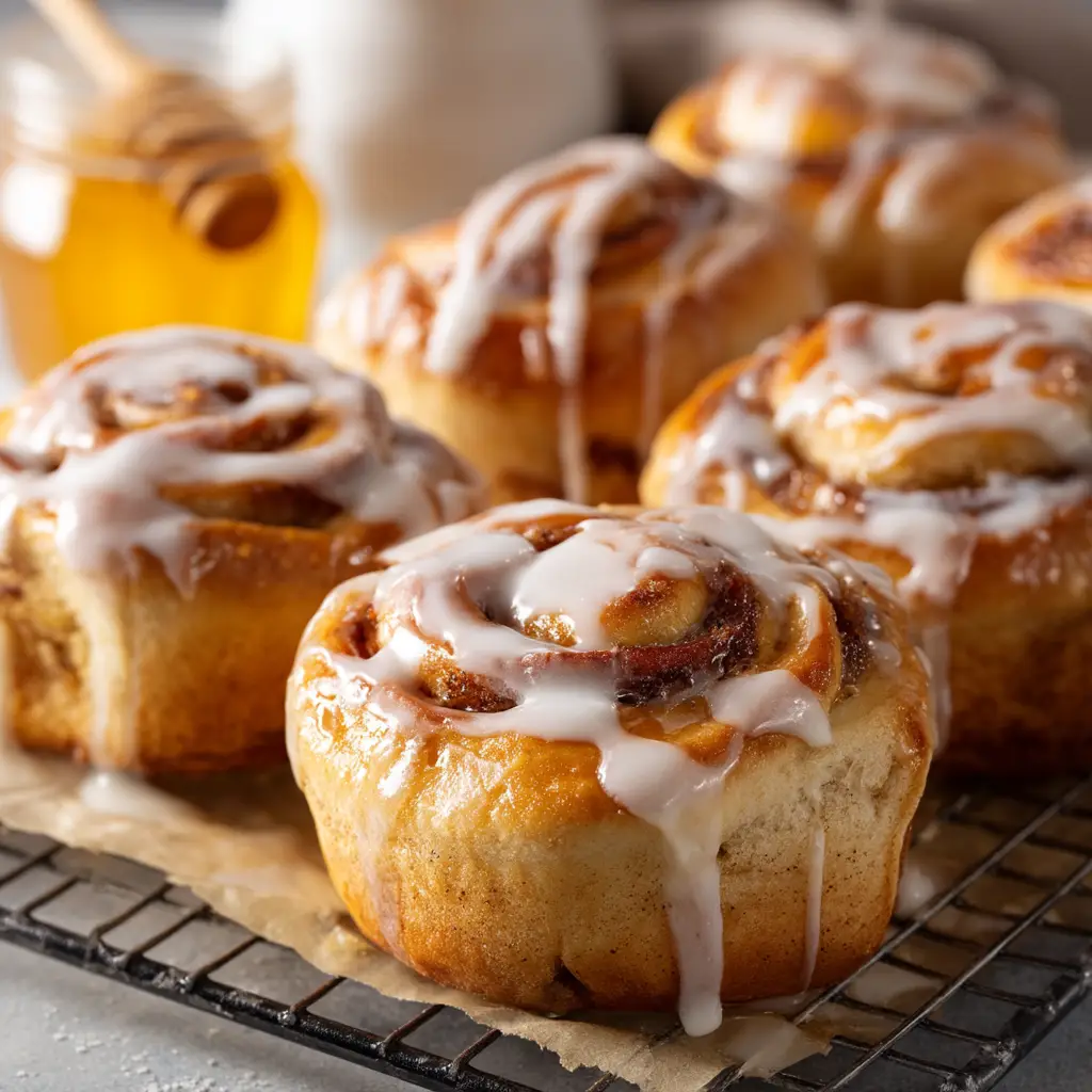 A detailed shot of the honey glaze being poured over freshly baked sweet rolls, showcasing the final step of the homemade honey buns recipe.