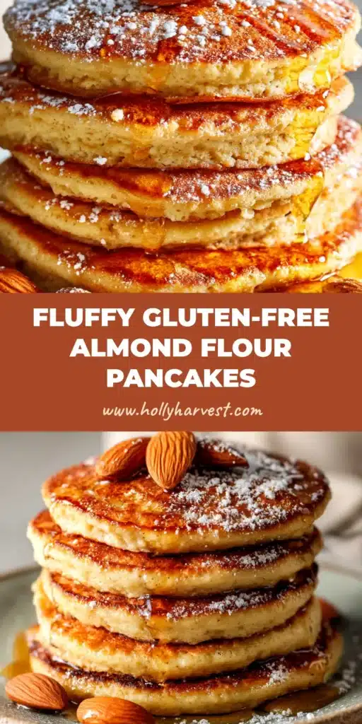 A tall, perfect stack of gluten-free almond flour pancakes on a white plate, drizzled with maple syrup and topped with fresh blueberries. The pancakes are golden-brown and fluffy.