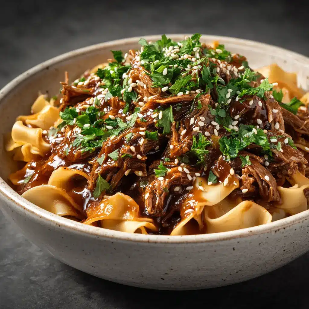 Korean Beef Noodles: A Savory & Spicy 30-Minute Recipe 2 An extreme close-up of the gochujang beef and noodles stir-fry, showing the rich texture of the spicy sauce and perfectly cooked beef.