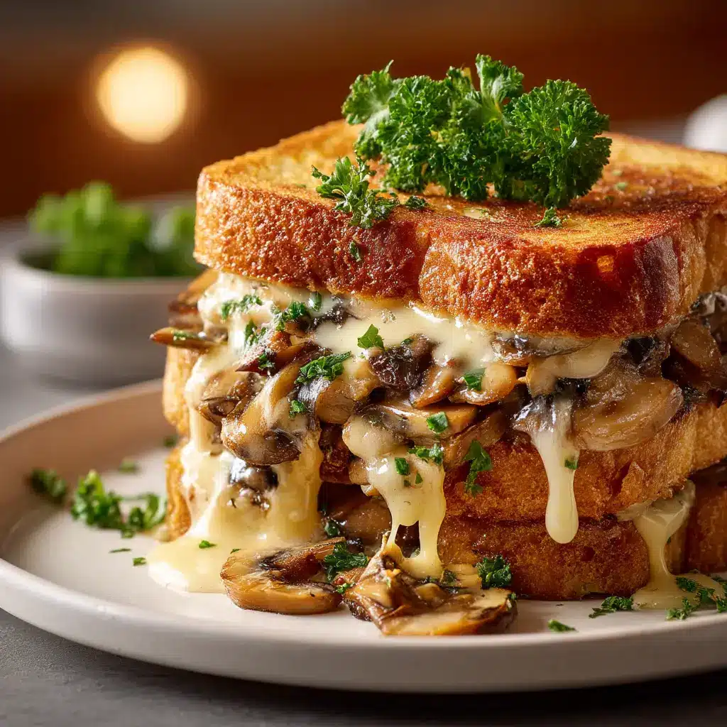 Swiss Mushroom Melt: The Ultimate Gooey Sandwich 2 A beautifully presented Swiss Mushroom Melt on a rustic wooden board, highlighting the golden-brown toasted bread and savory filling.
