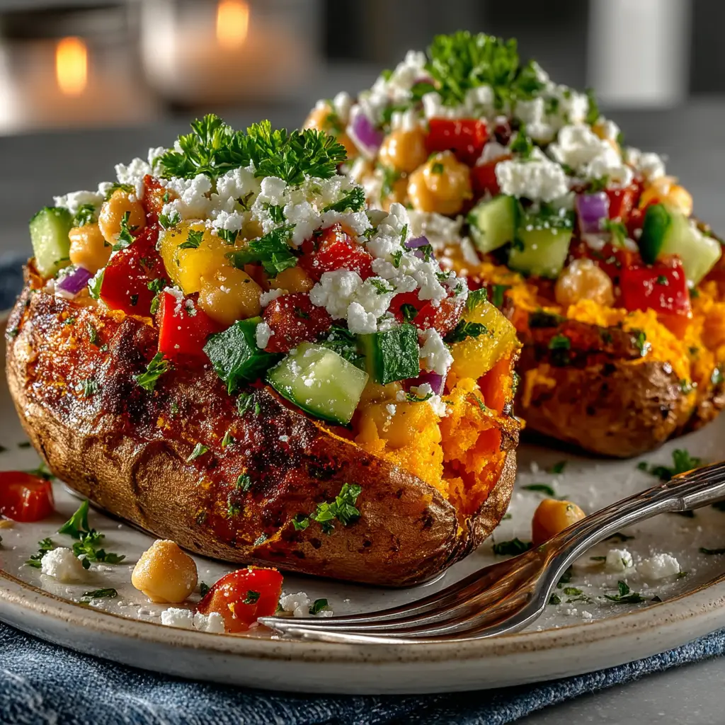 Mediterranean Stuffed Sweet Potatoes: A Healthy & Flavorful Meal 2 Two roasted sweet potatoes filled with a fresh chickpea, tomato, and cucumber salad, ready to be served.